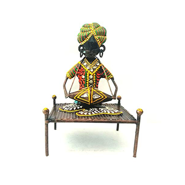 Antique-Rajasthani-Iron-Musician-Sitting-on-Traditional-Indian-Bed